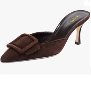 XYD Brown Pointed Toe Mules with Buckle High Heel Slip On Open-back Shoes